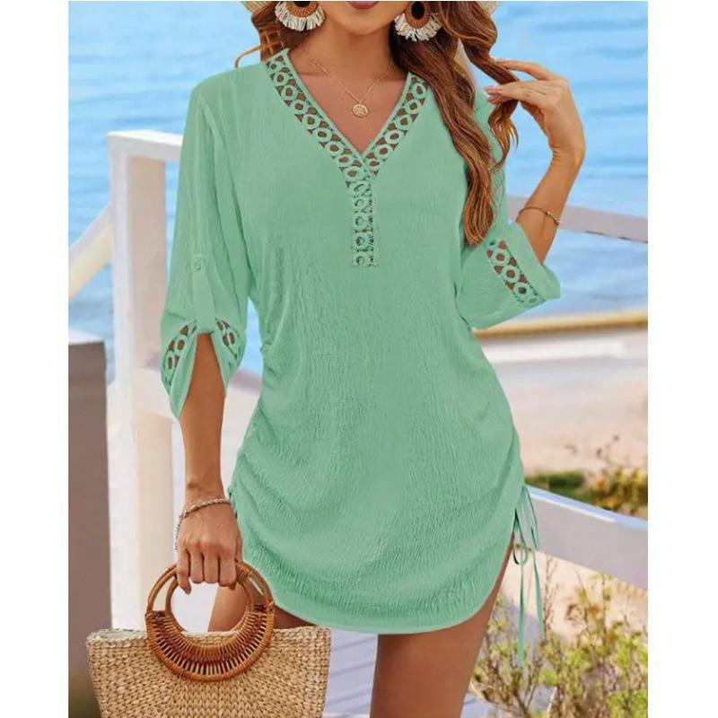 QICED Fashion Summer Spring Solid Color Print V-Neck 3/4 Sleeves Casual Dresses