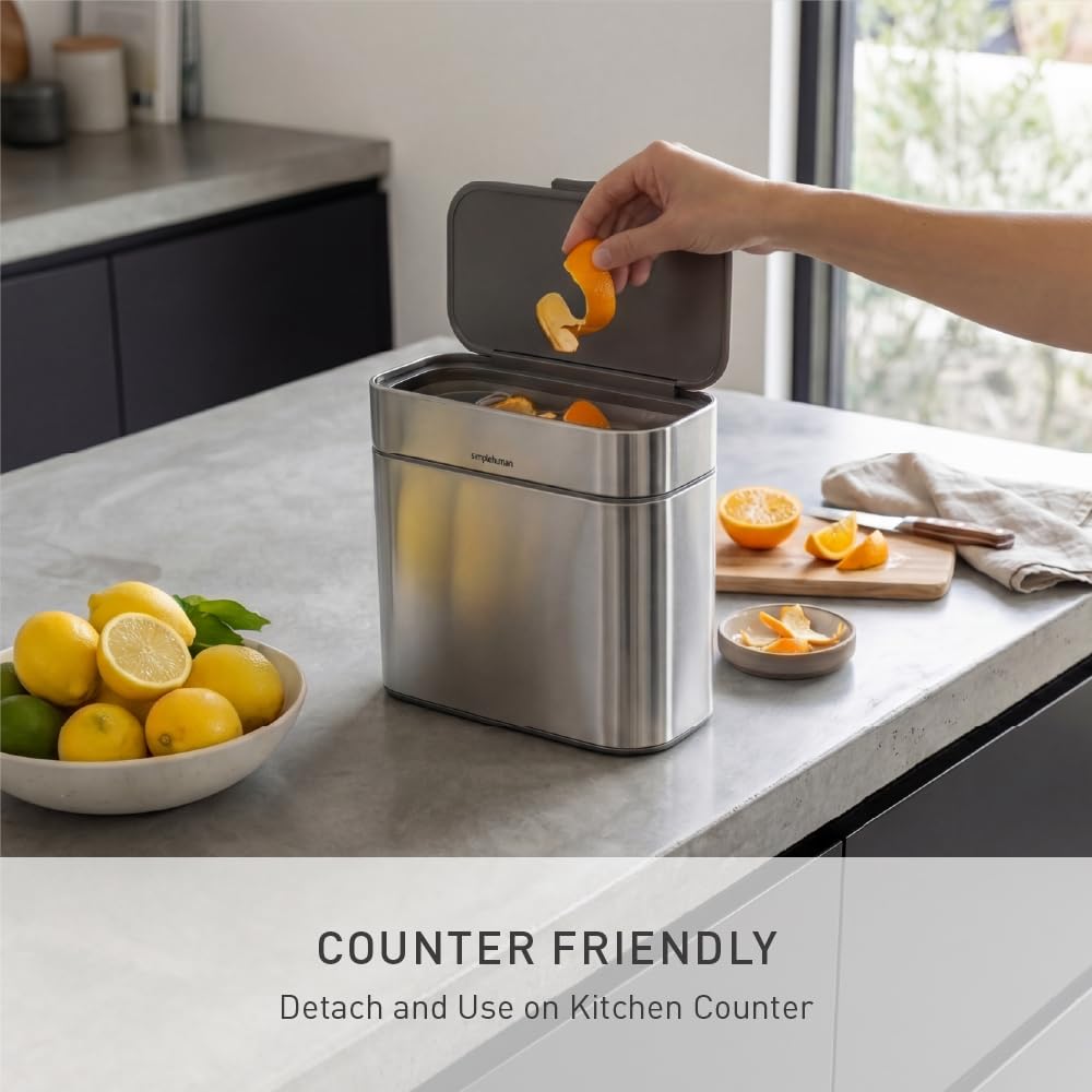 Simplehuman Compost Caddy, 4-liter (4L) Capacity, with Lid, Stainless Steel Dustbin (simplehuman CW1645)