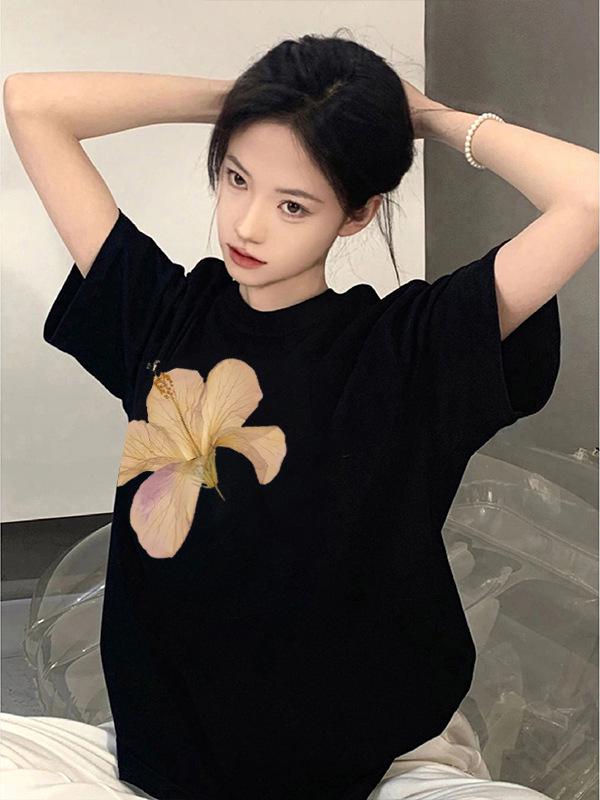 Women's 300 Jin Black Short-Sleeve Retro Oversized T-Shirt, Loose Fit, Trendy National Tide, 2025 Summer Collection.