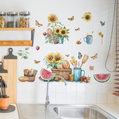 Estate Dipinto Girasole Pane Farfalla Cucina Portico Sfondo Paesaggistico Adesivo Murale