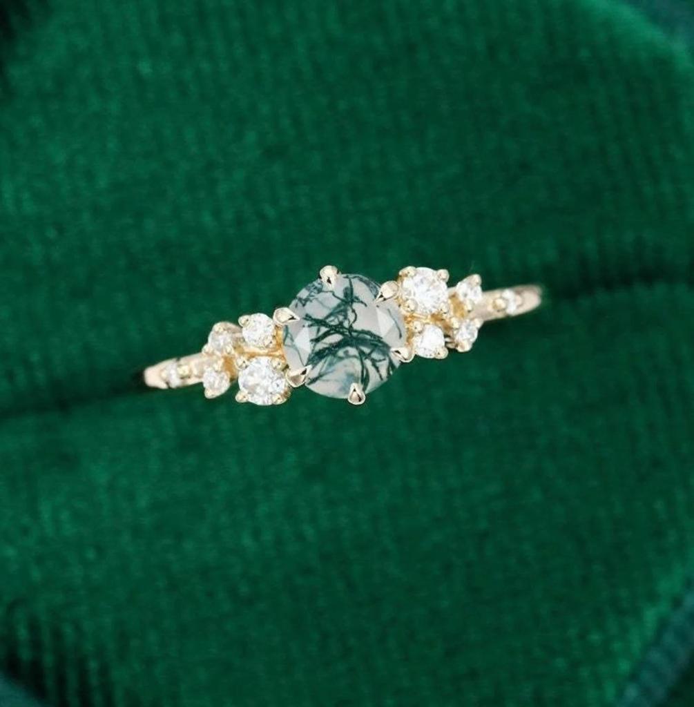 Dainty moss agate promise ring for her, Unique moss agate engagement ring, Rose Gold Plated moss agate ring, Anniversary ring gift
