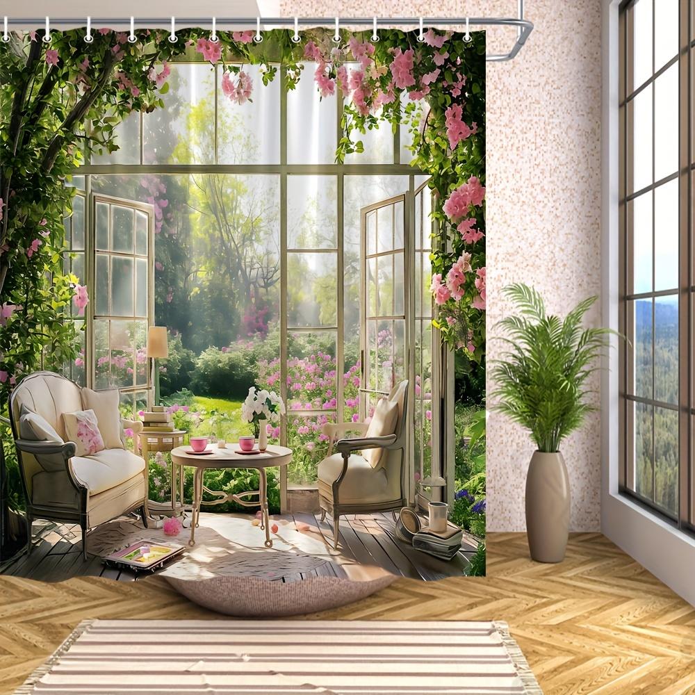 Gartenfensterblick Duschvorhang Rosa Blumige Pflanzen Naturlandschaft Blume Badezimmer Dekor Mit Haken