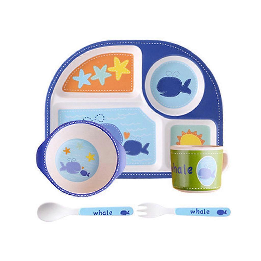 5 Piece Toddler Kids Bamboo Dinnerware Set Cartoon Animal Food Plate Feeding Dishes Bowl Spoon Fork Cup Tableware Baby Shower Gifts Multicolor