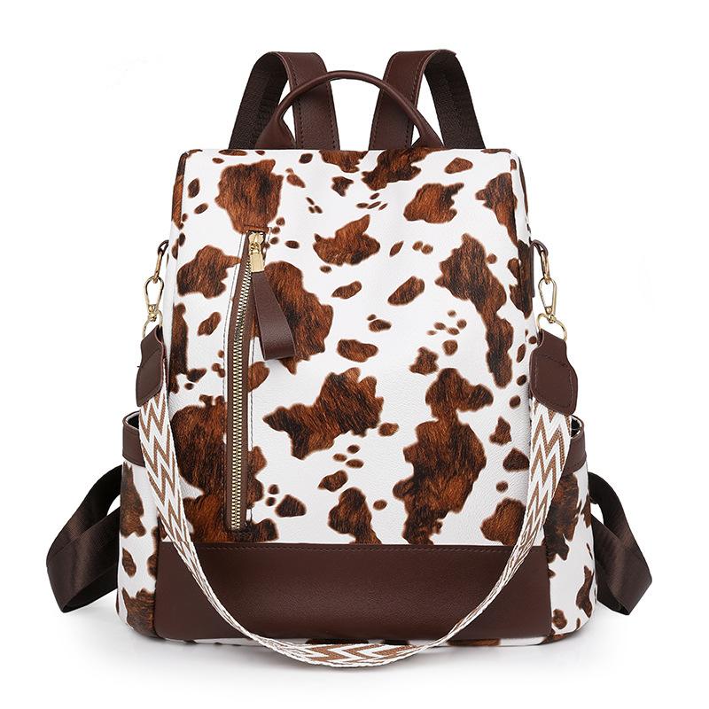 Women's Travel Backpack Fashionable Cow Pattern Anti-theft Single Shoulder Bag Commuting Water-splash PU Lightweight School Bag