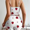New Strawberry Print Sleepwear Set Women's Ribbed Pajamas with Hearts & Bow Soft Comfy Lounge Set with Shorts Cute Summer