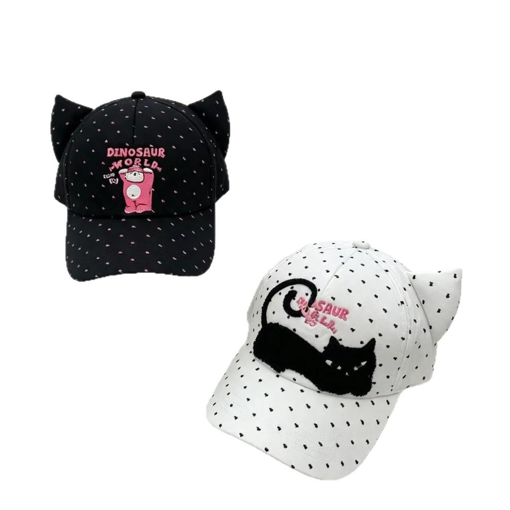 Sweet and Cute Cat Embroidered Baseball Cap Female Cat Ear Shape Love Polka Dot Cap Sunscreen Sun Hat