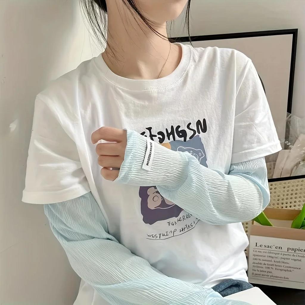 1 Pair Women's Wrinkle Resistant Ice Silk Arm Sleeves, Polyester Fiber, Lightweight Loose-Fitting Cooling Sleeves