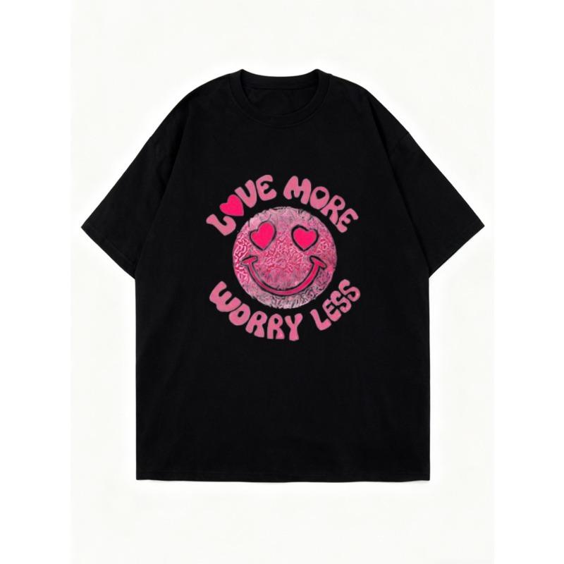 Black Oversized T Shirt Love More Worry Less Smiley Face With Hearts Print Casual Streetwear For Women Summer Outfits