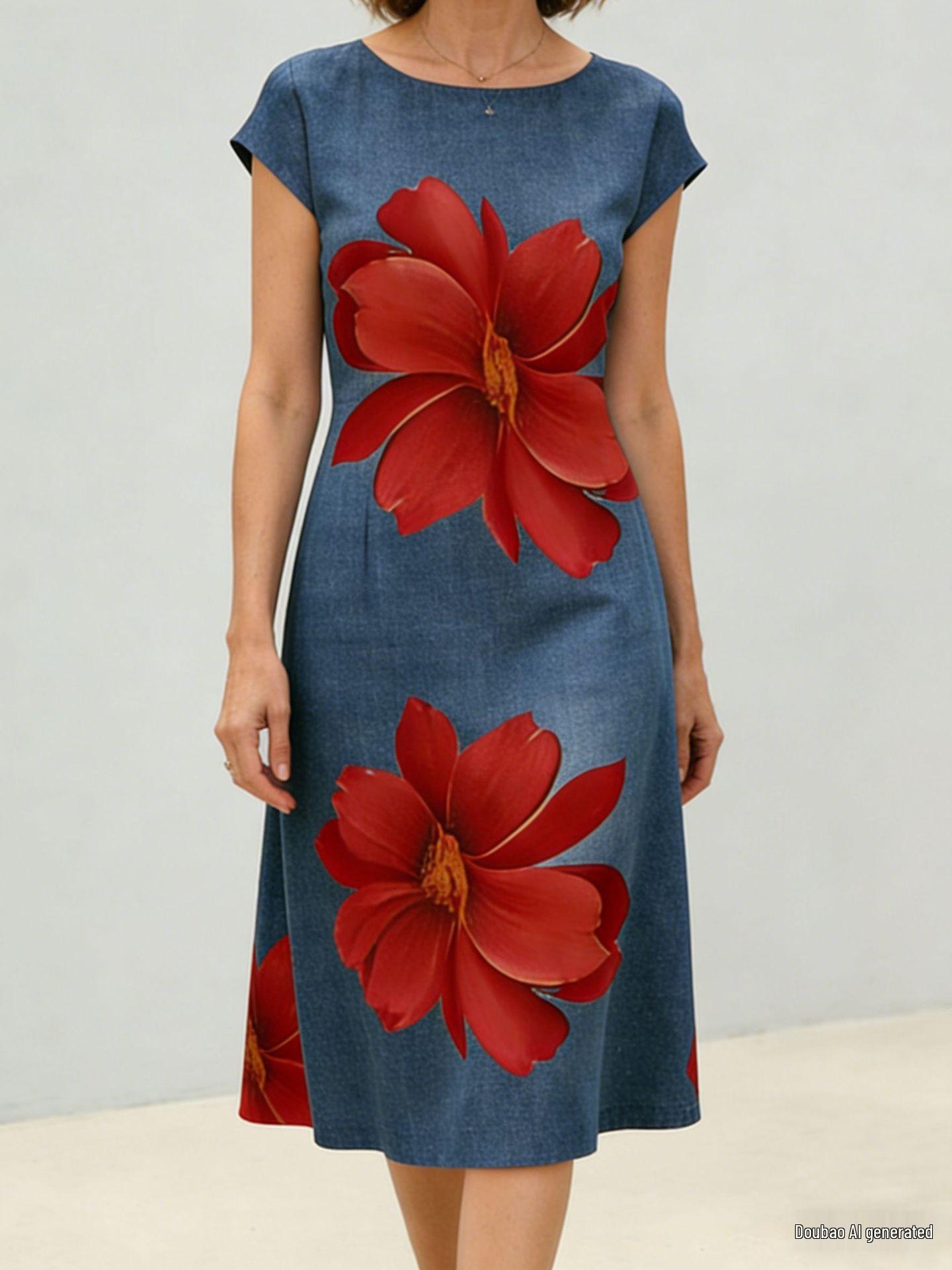 2025 Creative Floral Women s V-Neck Summer Dress - Short-Sleeved, Mid-Length Skirt XL