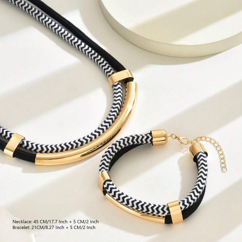 Klobige Halsketten für Damen, 14 Karat vergoldetes Ketten- und Armbandset Geschenk Schwarze und weiße Seile Statement-Halskette Schmuck Böhmischer Stil