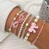 6Pcs Cute Bowknot Heart Bracelet Set For Women Pink Acrylic Beads Imitation Pearl Elastic Bangles Girl Party Daily Sweet Jewelry
