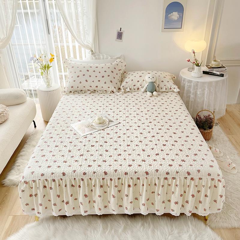 1pc Pure Cotton Thicken Quilted Mattress Cover with Skirt Queen/King Bed Sheet Skirt Elastic Band 200x220cm  (No Pillowcase)