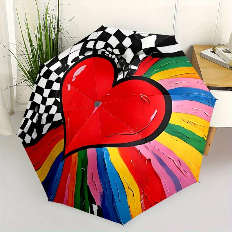 1pc Heart Print Automatic Open/Close Umbrella, Umbrella with Cartoon Design, Portable Compact Umbrella for Men & Women, Good Holiday Gift Yy