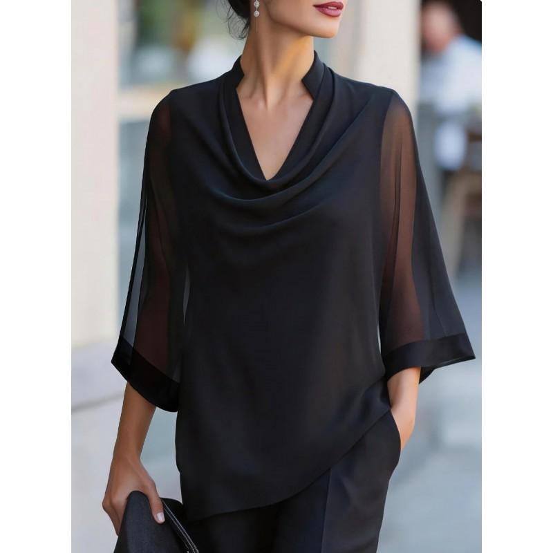 2026 Womens Flowy Chiffon Blouse With Wide Neckline Loose Fit Casual Shirt