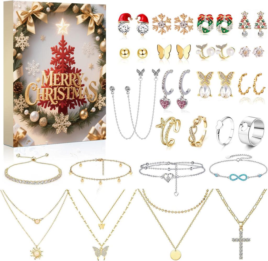 Collana dell'Avvento di Natale Scatola a Sorpresa Orecchini a Bottone Scatola Regalo Foro Gioielli Musicali Scatola a Sorpresa Regalo Calendario del Countdown 24
