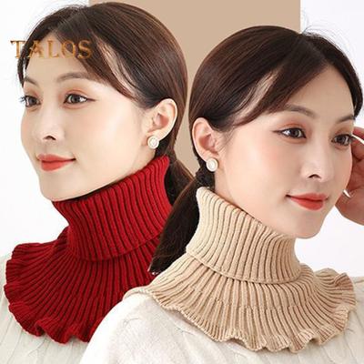 Women Fake Scarf High Collar Ribbed Texture Ruffle Trim Solid Color Knitting Collar Autumn Winter Thickened Warm False Collar