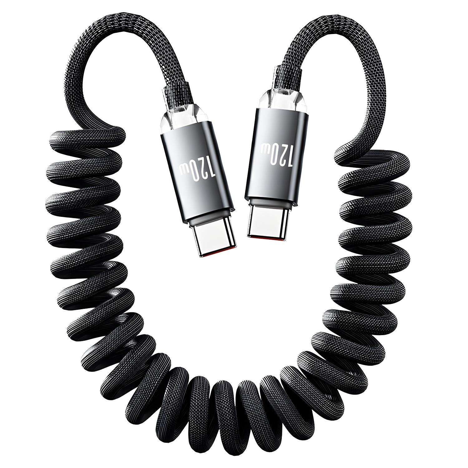 

120 Вт USB C на Type C Быстрая Зарядка Пружинный Кабель Телескопический Автомобильный Зарядник для Телефона Кабель Данных Для iPhone17 16 Samsung Xiaomi USB Кабели 1m