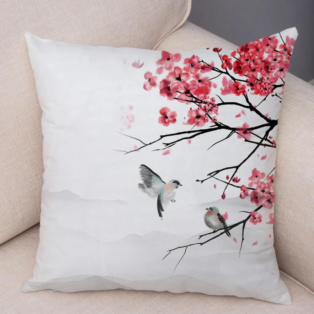 Pink Peach Blossom Cushion Cover Decor Watercolor Cartoon Plant Tree Pillow Case for Sofa Home Car Soft Plush Pillowcase 45x45cm