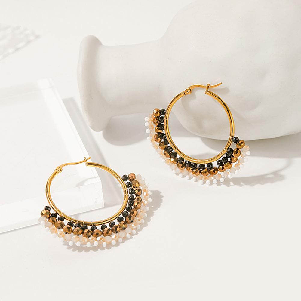 Fashion Retro Earrings For Women Elegant Geometric Round Hand-made Beaded Contrast Color Pearl Earrings
