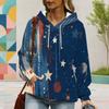 Women Plus Size Blue Star Printed Long Sleeve Drawstring Hood Pullover Hoodie With Kangaroo Pocket