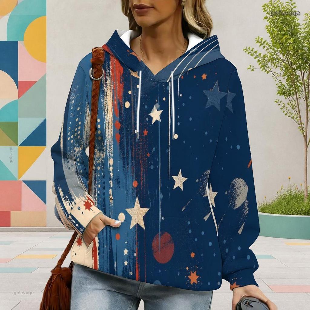 Women Plus Size Blue Star Printed Long Sleeve Drawstring Hood Pullover Hoodie With Kangaroo Pocket