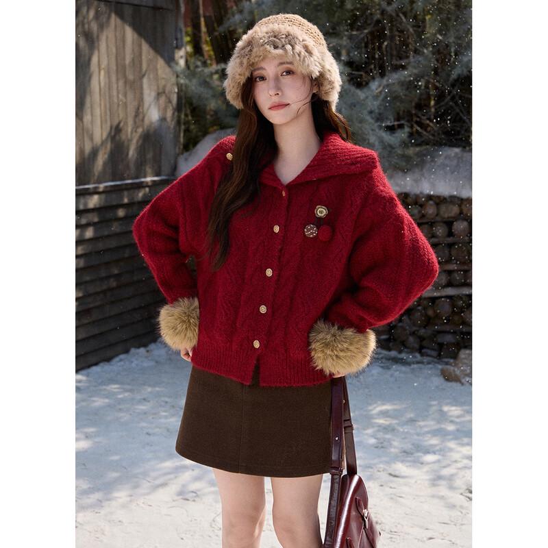 

Women s Festive Red Cable Knit Cardigan with Faux Mink Sleeves S