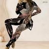 Women Plus Size Round Neck Long Sleeve Printed Longline Top Fitted Pants Two Piece Set Blue White