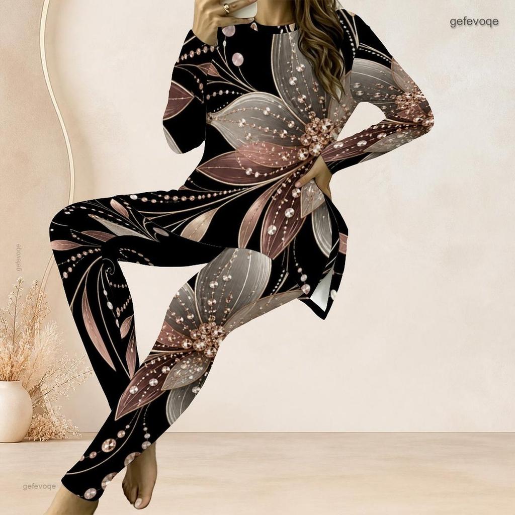 Women Plus Size Round Neck Long Sleeve Printed Longline Top Fitted Pants Two Piece Set Blue White