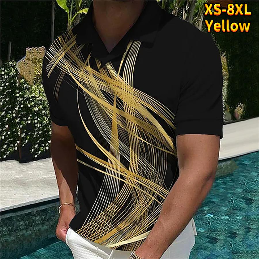

Повседневная футболка с лацканами, молодежная мужская модная футболка на молнии, футболка с коротким рукавом, мужская футболка с 3D изогнутым полосатым принтом 8XL жёлтый