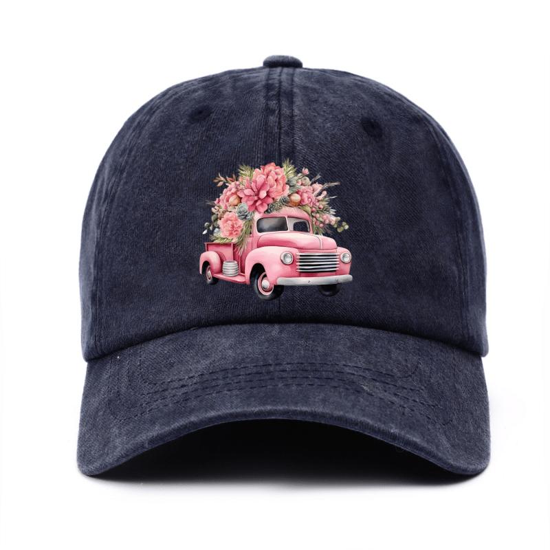 Pink Flower Truck Print Cotton Baseball Cap Vintage Casual Adjustable Unisex Summer Hat