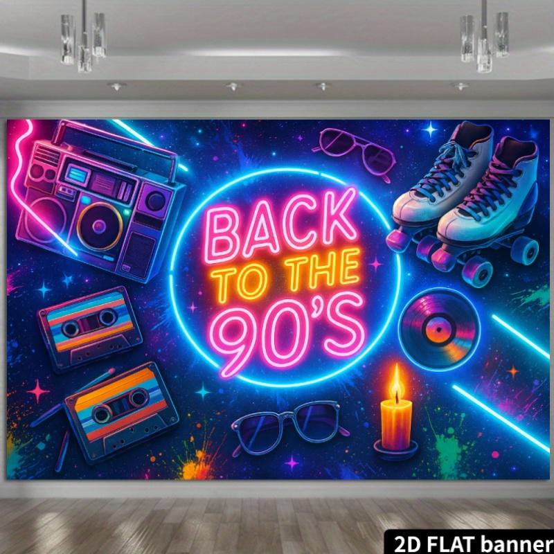 Dwuwymiarowy Płaski Baner - Tkanina Tła w Stylu Retro z Lat 90. - Neonowy Napis "BACK TO THE 90'S" + Dekoracja Taśmą