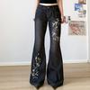 Damen Jeans mit Blumenstickerei Frühling und Herbst Retro Niedrige Taille Schlaghosen Lockere Strickwaren Basic Stil Alleskönner Streetwear 2000er