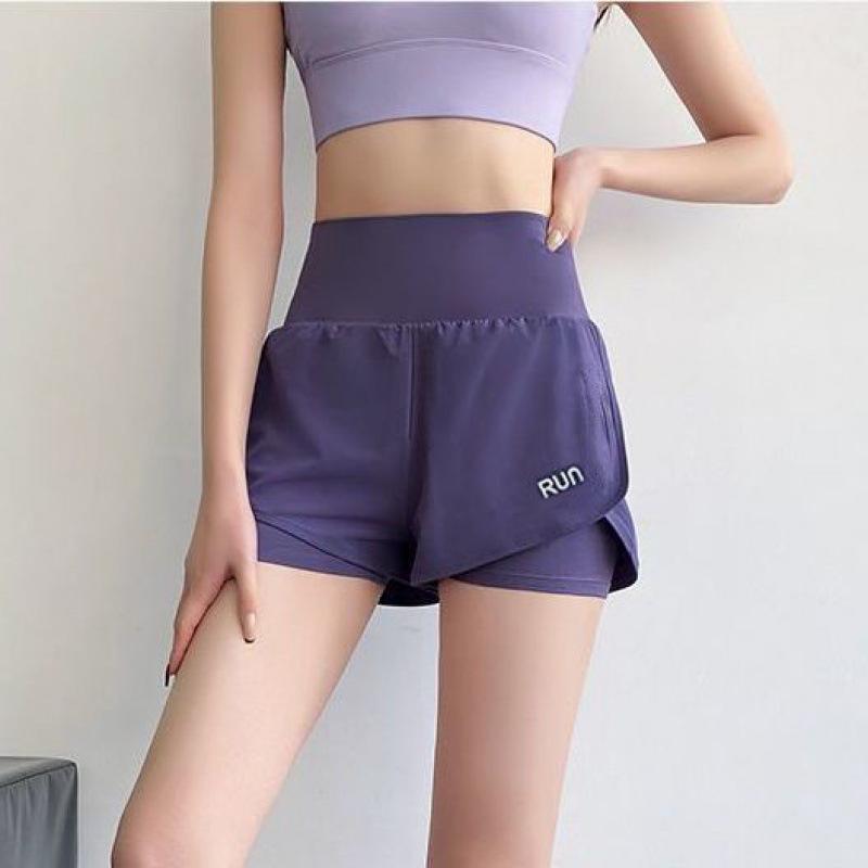 Women's High Waist Double Layer Sports Shorts with Pockets for Running & Yoga