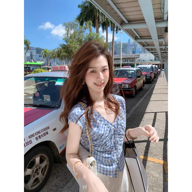 Women s Slim Fit Blue Plaid V-Neck Puff Sleeve Blouse L