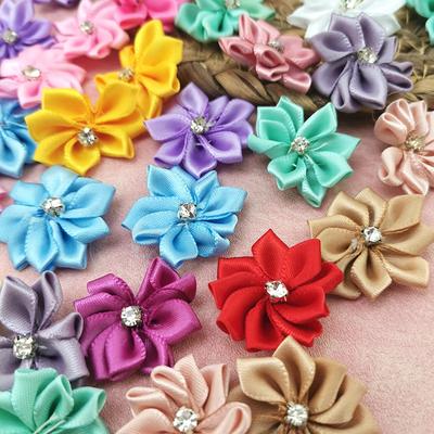 (50pcs Pack) 25mm Mini Rhinestone Inlaid Satin Ribbon Head Mixed Color Small Flower DIY Craft for Scrapbooking Handmade Decorati
