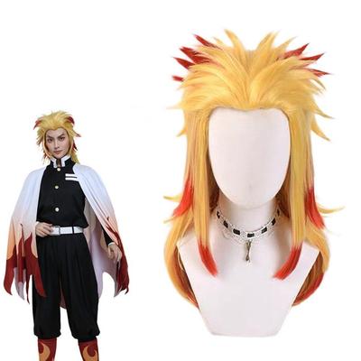 Peluca de Anime Demon Slayer Rengoku Kyoujurou de 47cm, peluca rubia ombré, disfraz de Cosplay para hombres y mujeres, pelucas de pelo pontail resistentes al calor