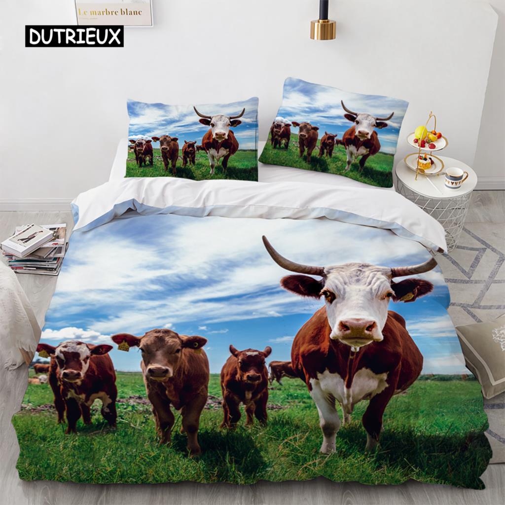 Highland Cattle Duvet Cover Set Funny Farm Animal Comforter Cover for Kids Boy Cow Mountain Meadow Queen Size 2/3pcs Quilt Cover