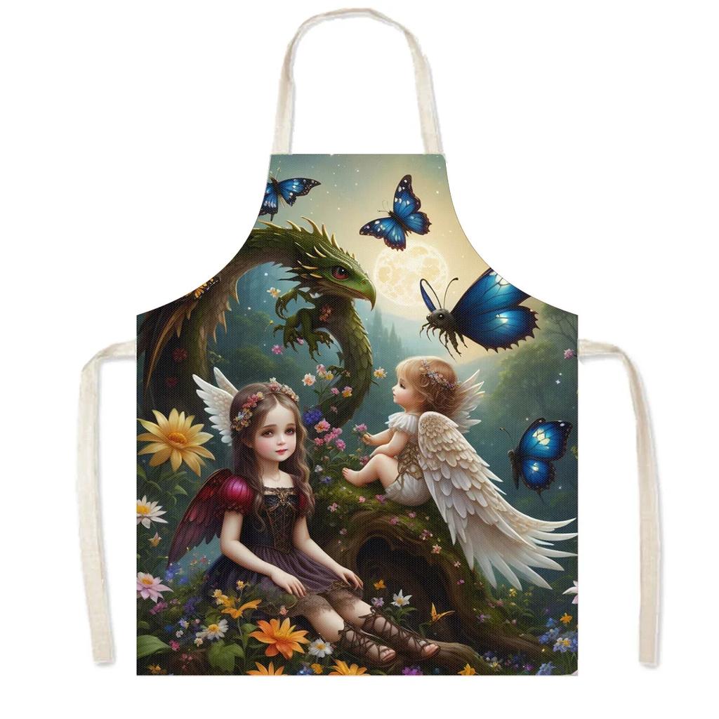 Cartoon Gothic Girls Print Kitchen Aprons Fantasy Angel Home Cleaning Clothing Linen Pinafore Waterproof Chef Cooking Apron