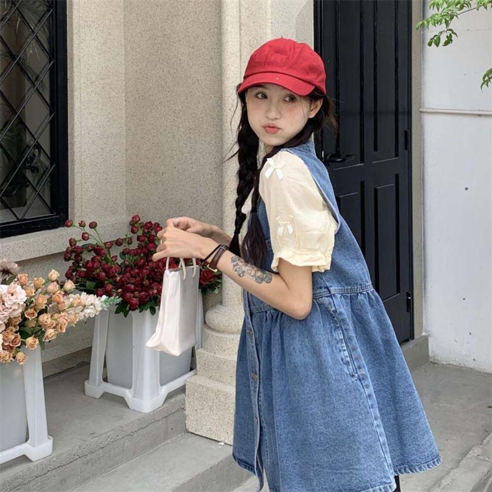 High Waisted Denim Camisole Dress Pleated Sleeveless Short Dress Elegant Cowboy Strap Dress  Summer