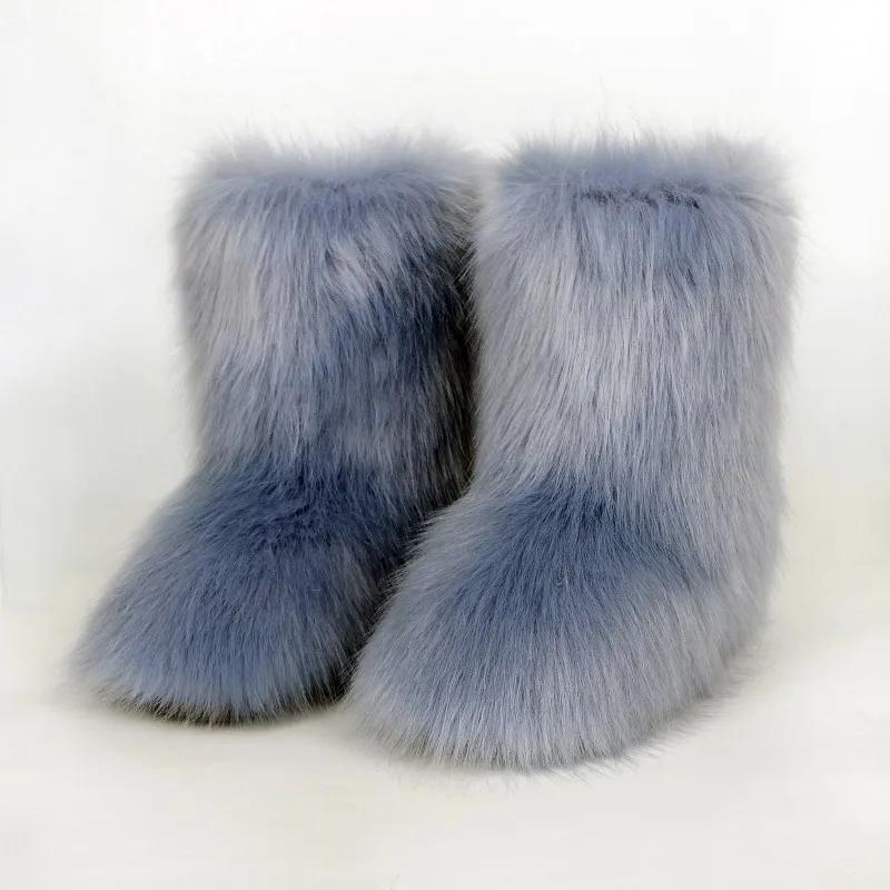 Fashion 2024 New Comfortable Imitation Raccoon Fur Snow Boots with Midsole for Women's Winter Warmth and Comfort, Hairy Women's Boots