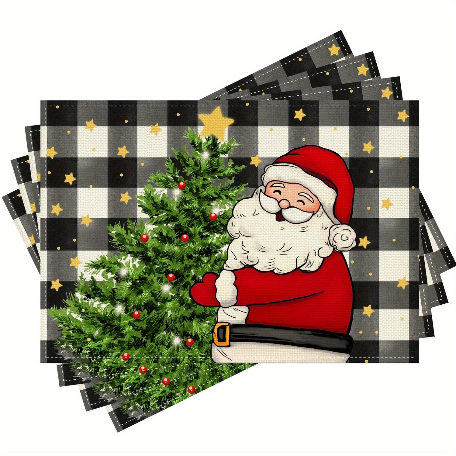 

4/6pcs Festive Santa Claus Christmas Tree Placemats, 12x18 Inch, Polyester, Buffalo Plaid with Stars, Washable, Rectangular, for 30x45cm-4PC