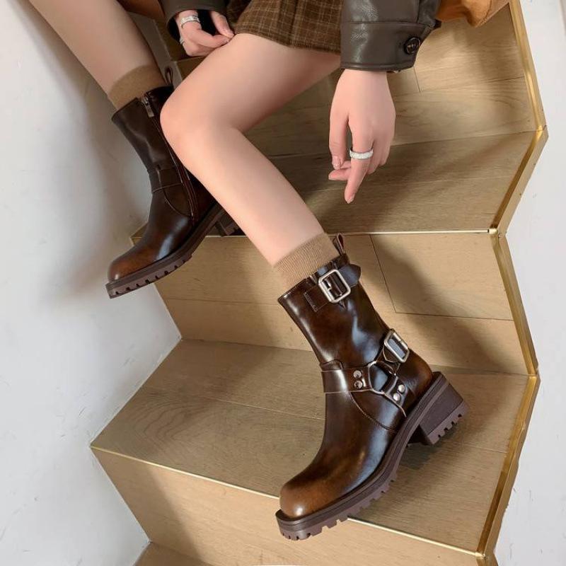 New women's leather boots versatile round head rubber platform zipper leather Martin boots autumn and winter cowhide low boots women