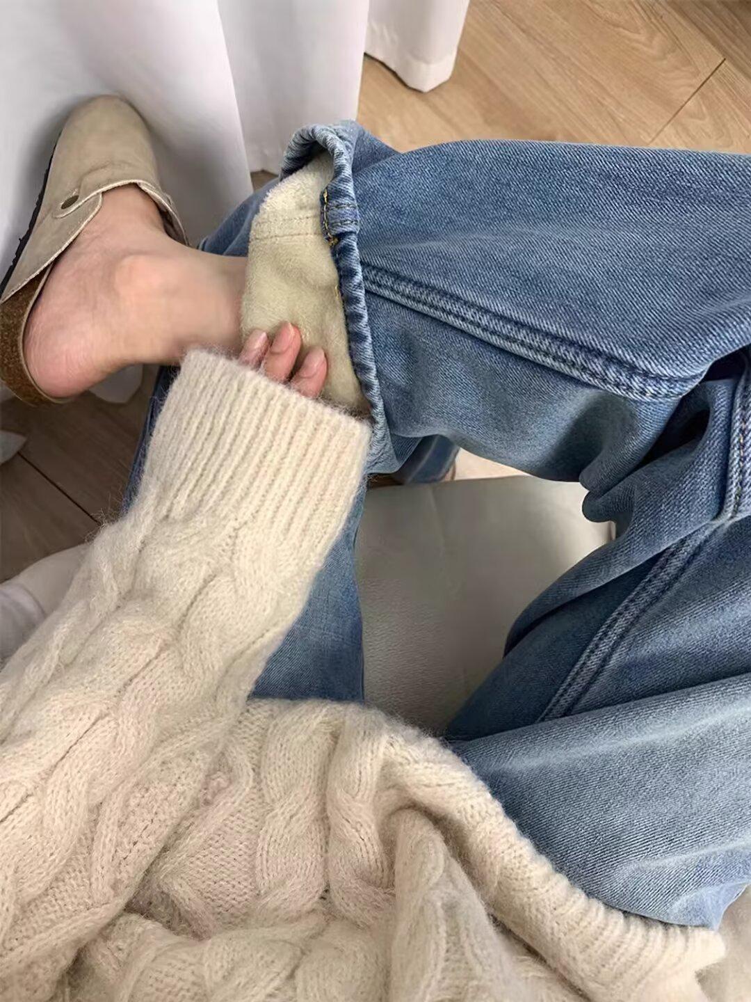 

Женские ретро джинсы с высокой талией, на флисовой подкладке, с широкими штанинами для осени/зимы - Облегающие, драпирующиеся, длиной до пола XL