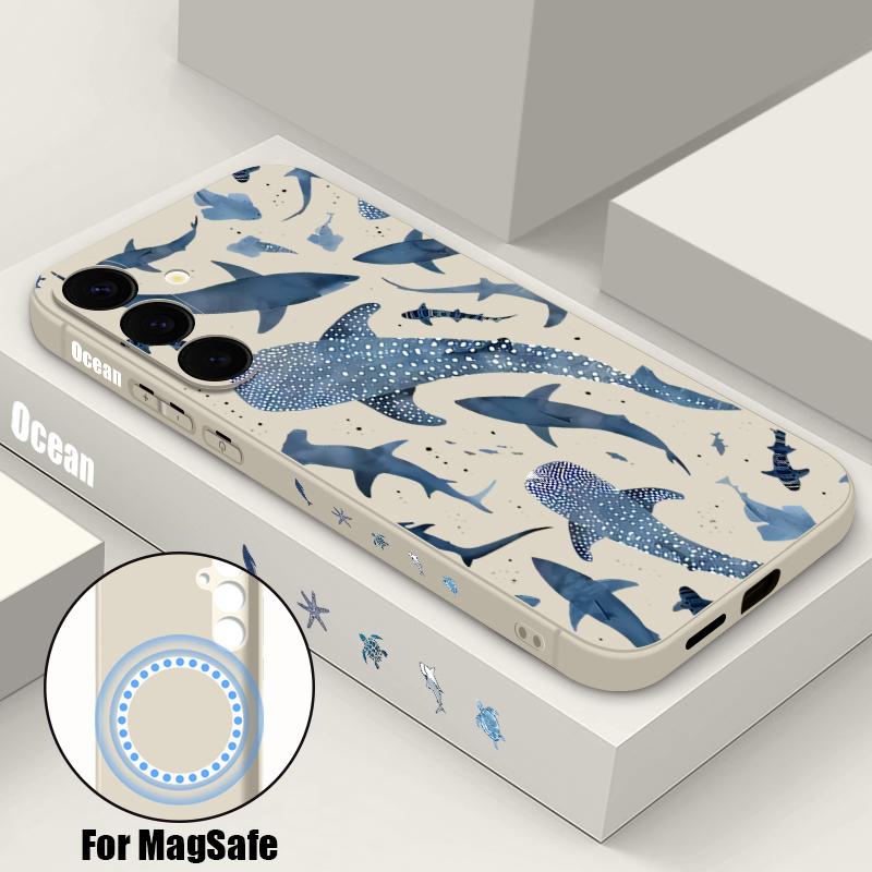 Magnetic Case For Samsung Galaxy S26 S25 S24 Ultra S23 S24 S25 FE For Magsafe Wireless Charge Whale Print Soft TPU Phone Cover