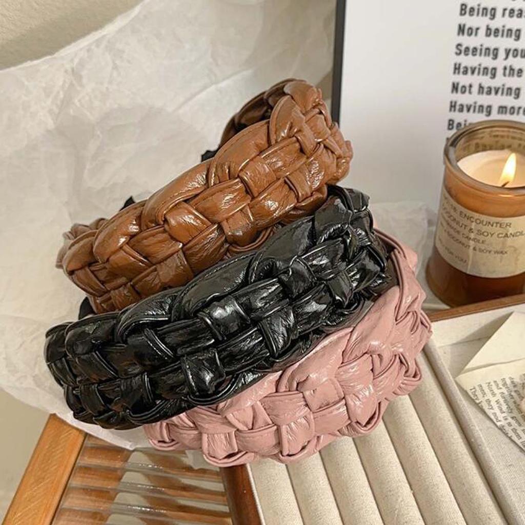 PROLY New Fashion Hairband For Women Wide Side PU Leather Headband Handmade Braided Turban Girls Vintage Hair Accessories