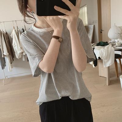 Collar Sticker, High-quality Pure Cotton Striped T-shirt for Women's Summer New Loose Slim and Versatile Short-sleeved T-shirt Top