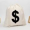 Drawstring Canvas Bag with Dollar Sign Print - Cotton & Linen Money Bag