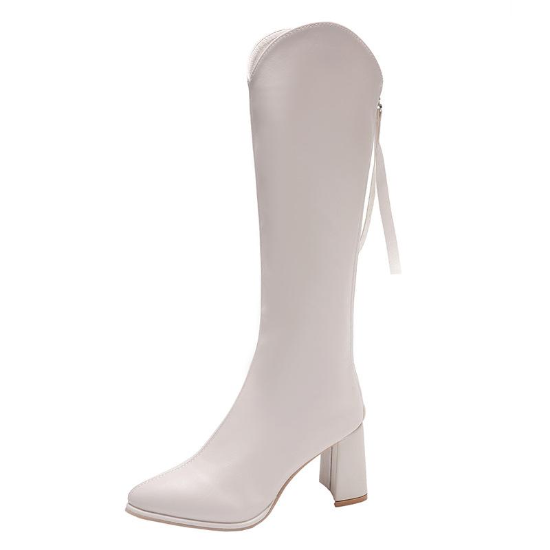 

Women s thick-heeled high-heeled knee-high elastic boots 2025 new long boots with rear zipper and thin pointed knight boots 34