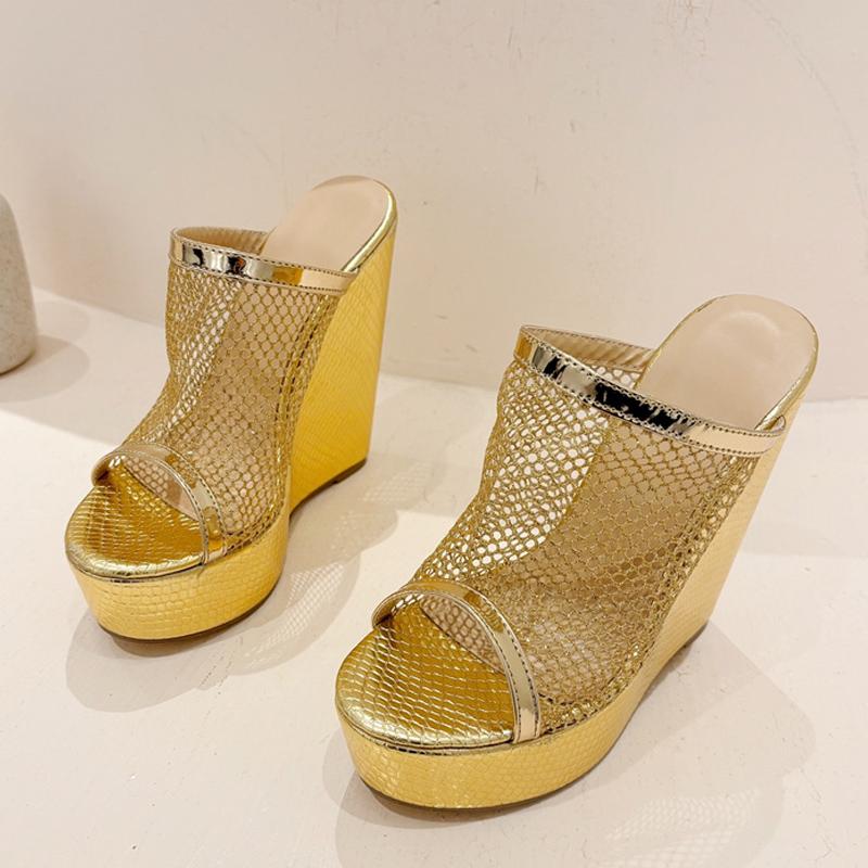 Liyke Summer Breathable Mesh Women's 14CM Wedges Slippers Fashion Open Toe Gold Silver High Heels Platform Sandals Female Shoes