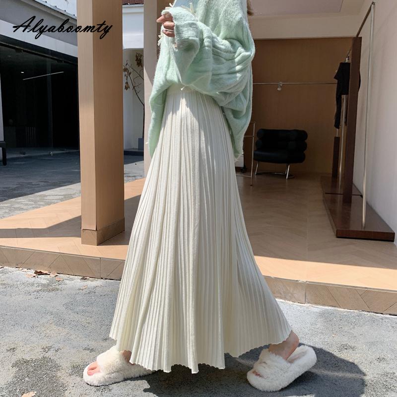 

Корейская мода Осень Зима Женская плиссированная юбка Эластичная талия Бежевая Черная Вязаная Макси Длинная юбка Элегантная Женственная Женская юбка One Size